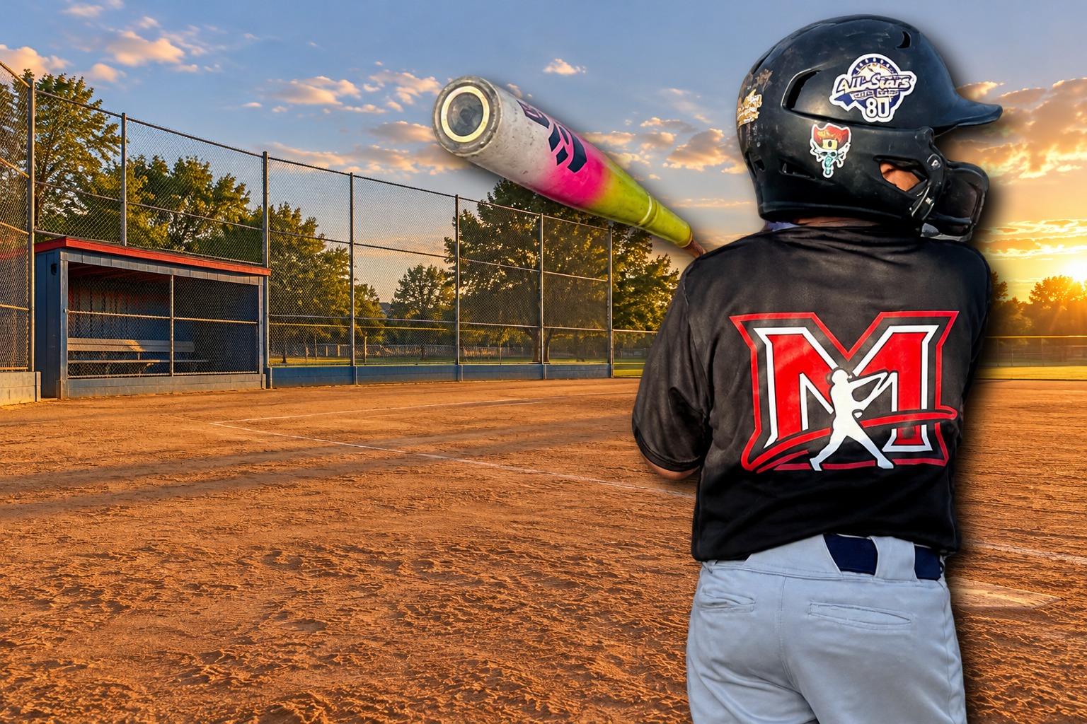 A young ballplayer in the black Martinez jersey, bat over the shoulder, waiting on the field in late-day light