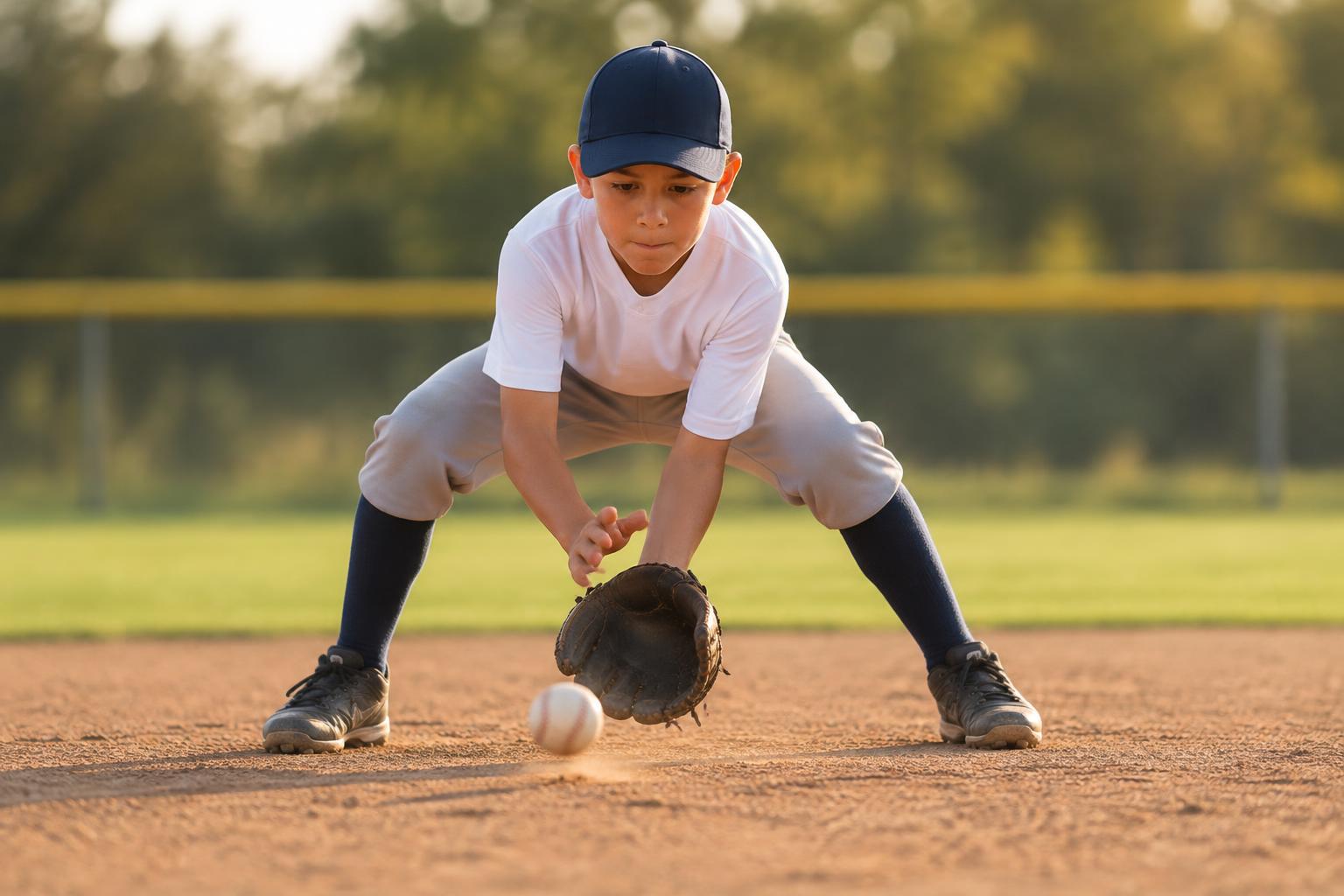 A young infielder crouched and fielding a ground ball on the dirt