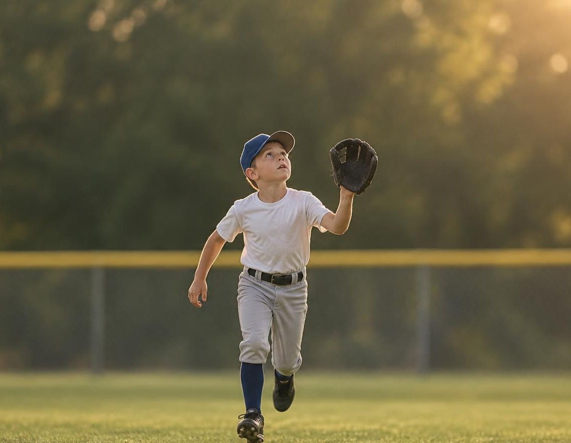 A young outfielder running with his glove raised, tracking a fly ball in the outfield grass