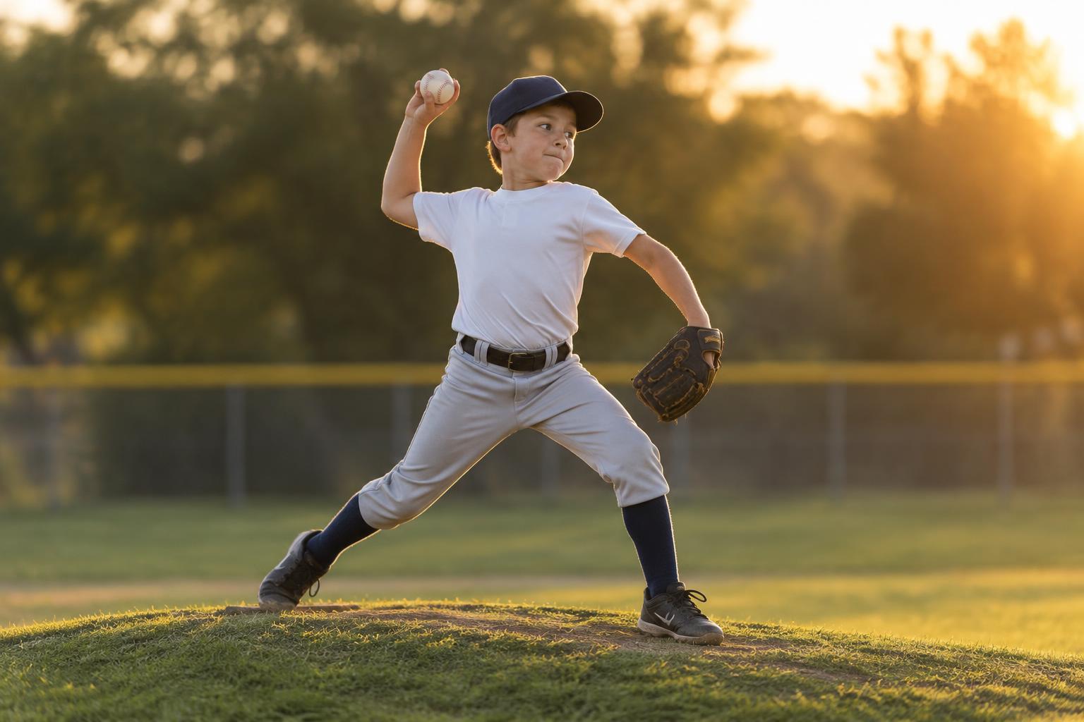 A young pitcher mid-delivery off a grass mound in late afternoon light