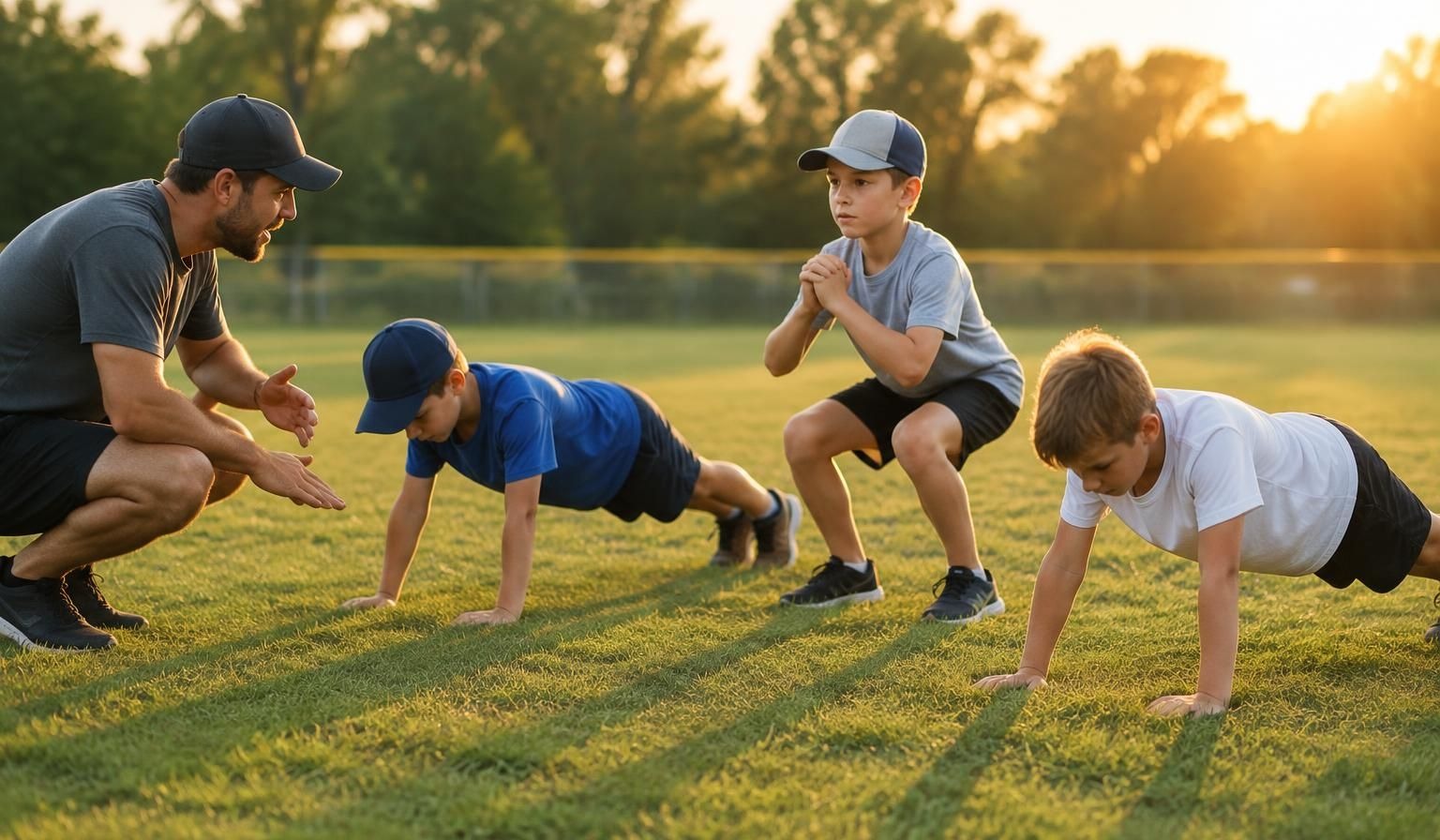 A coach crouched beside three young ballplayers doing bodyweight work on the grass in golden-hour light