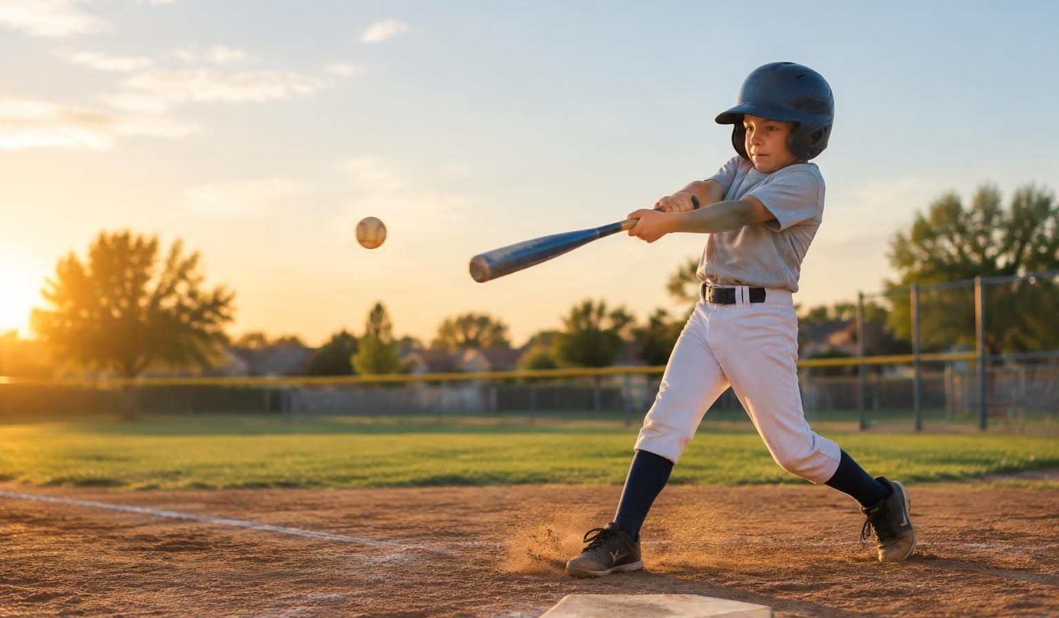 A young ballplayer driving through a swing in golden afternoon light