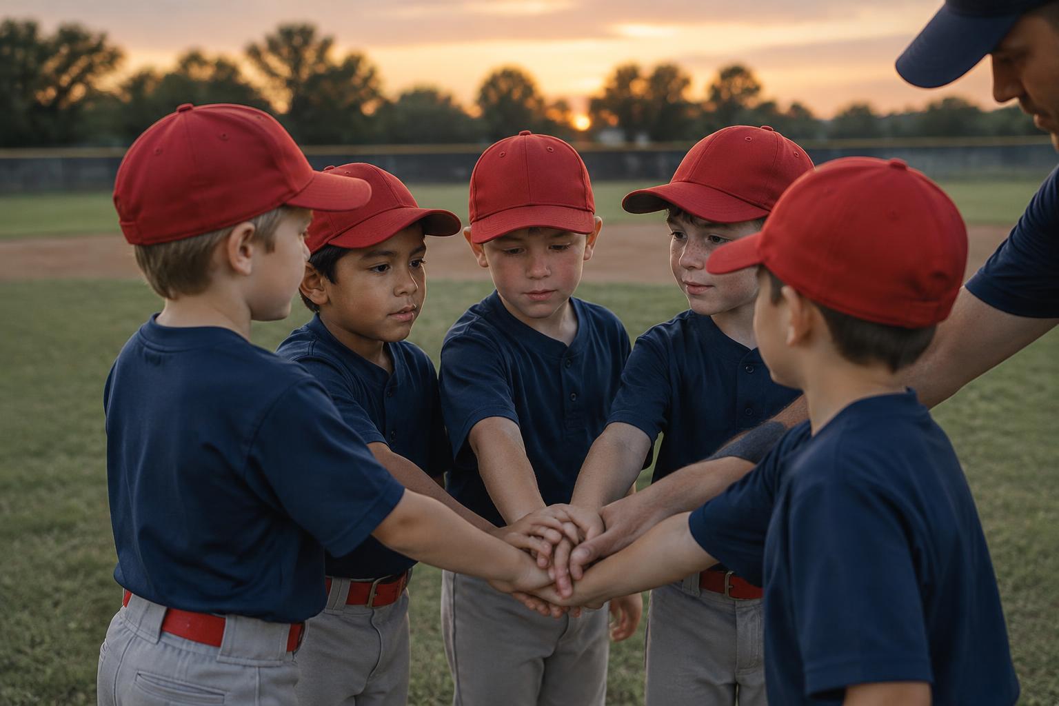 A youth baseball team in a tight huddle with hands stacked in the middle at dusk